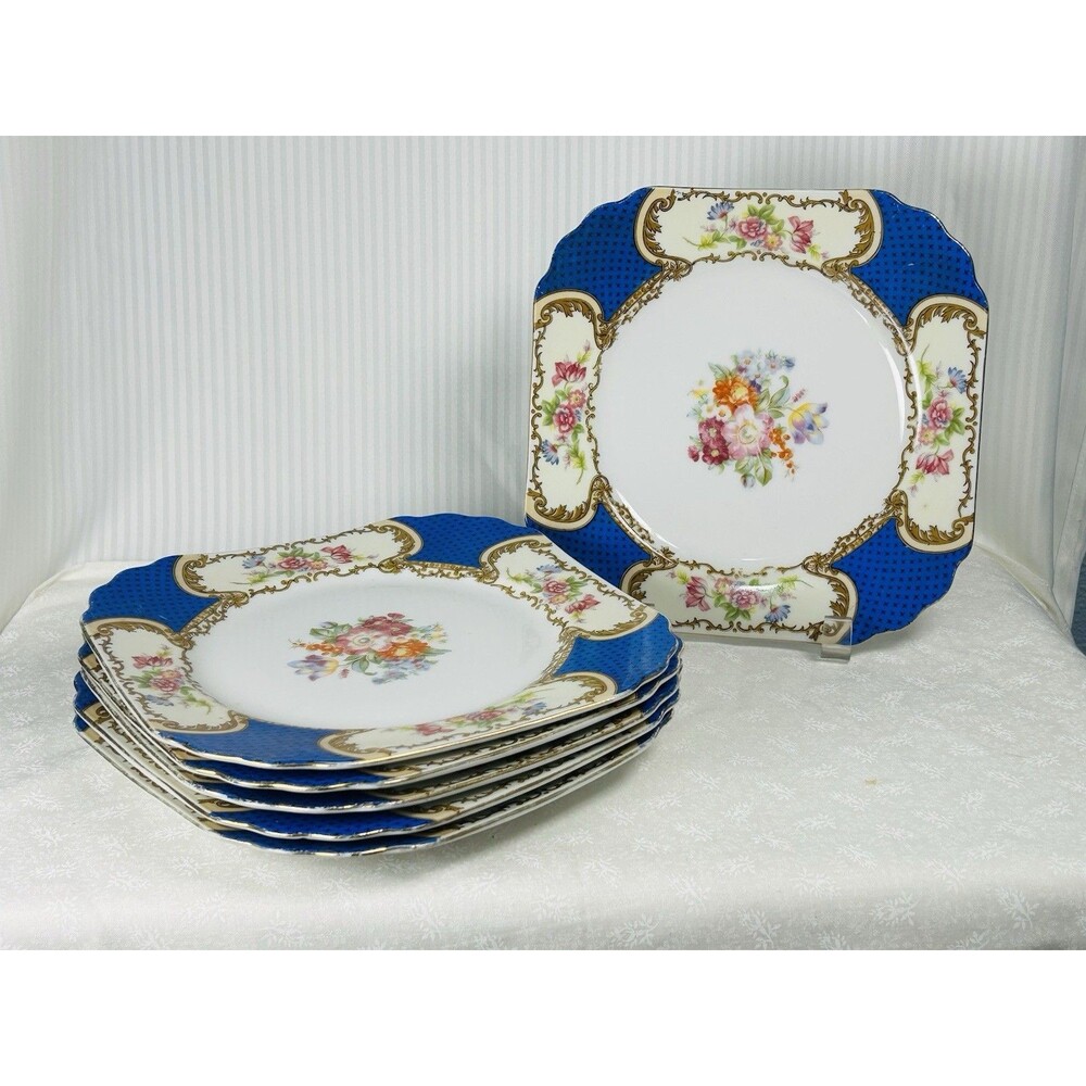 Goldcastle Japan Floral Square Porcelain Dinner Plate Blue/White/Gold, set of 6